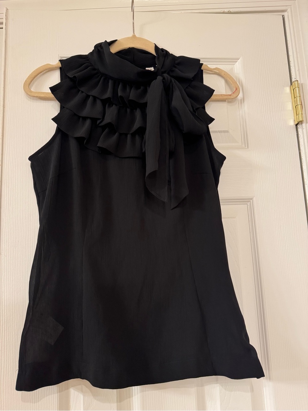 Vintage ESPRIT Black Sleeveless Top Ruffled High Neck Tie Bow Chiffon Blouse M